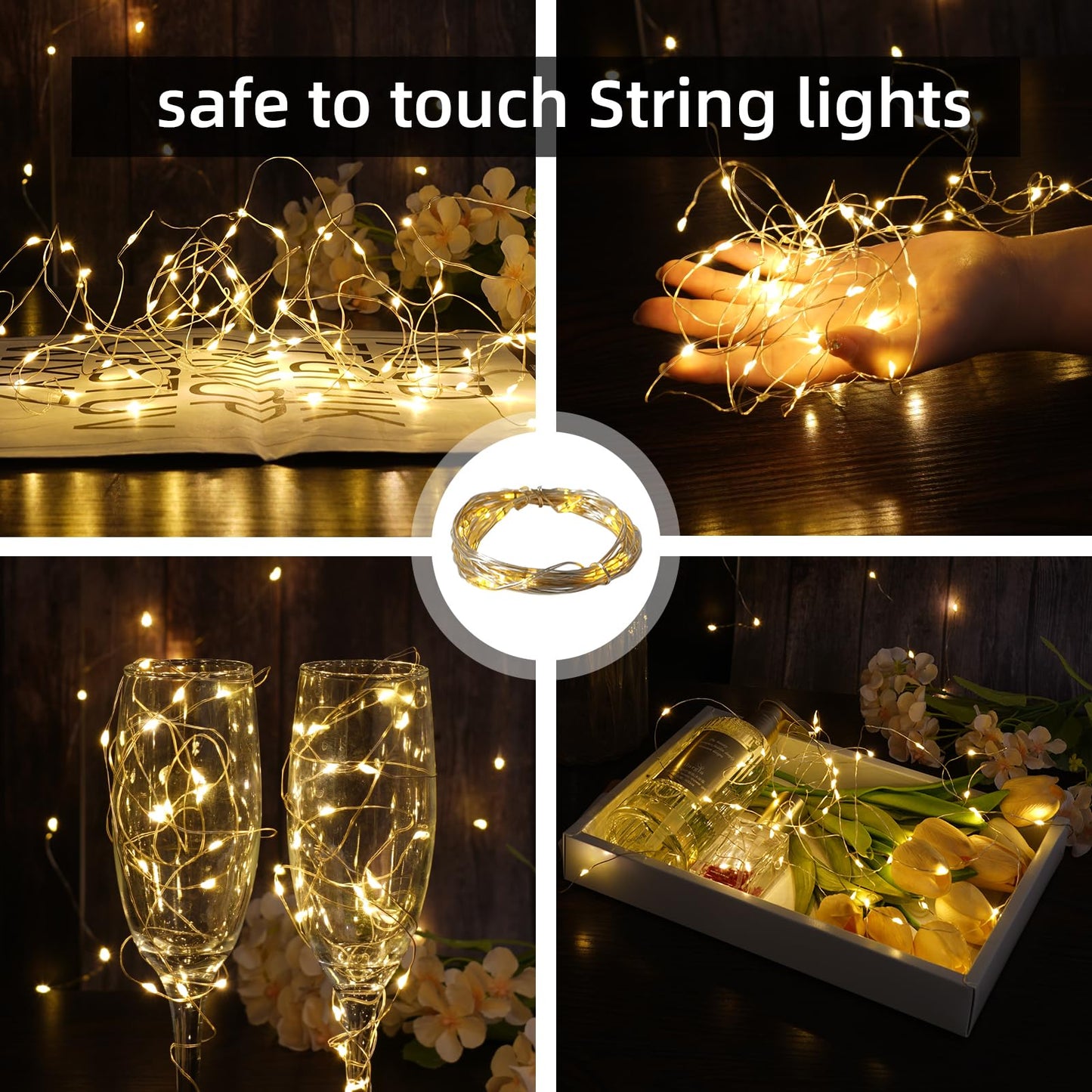 Godinsky Wine Bottle Lights - 4 Pack Rechargeable Battery Operated 140mAh 20 LED Bottle Stoppers，8 Light Modes Switching,Perfect for Christmas, Weddings, Halloween, and More(Warm)