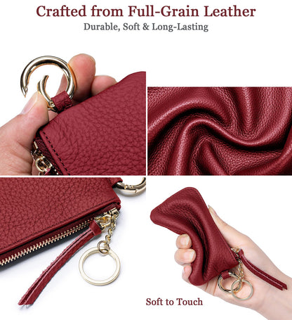LnxLtw Mini Coin Wallet for Women – Genuine Leather Zipper Coin Purse with Wrist Strap & Keychain, Compact Change Holder & Travel Wallet with Gift Box (Wine Red)