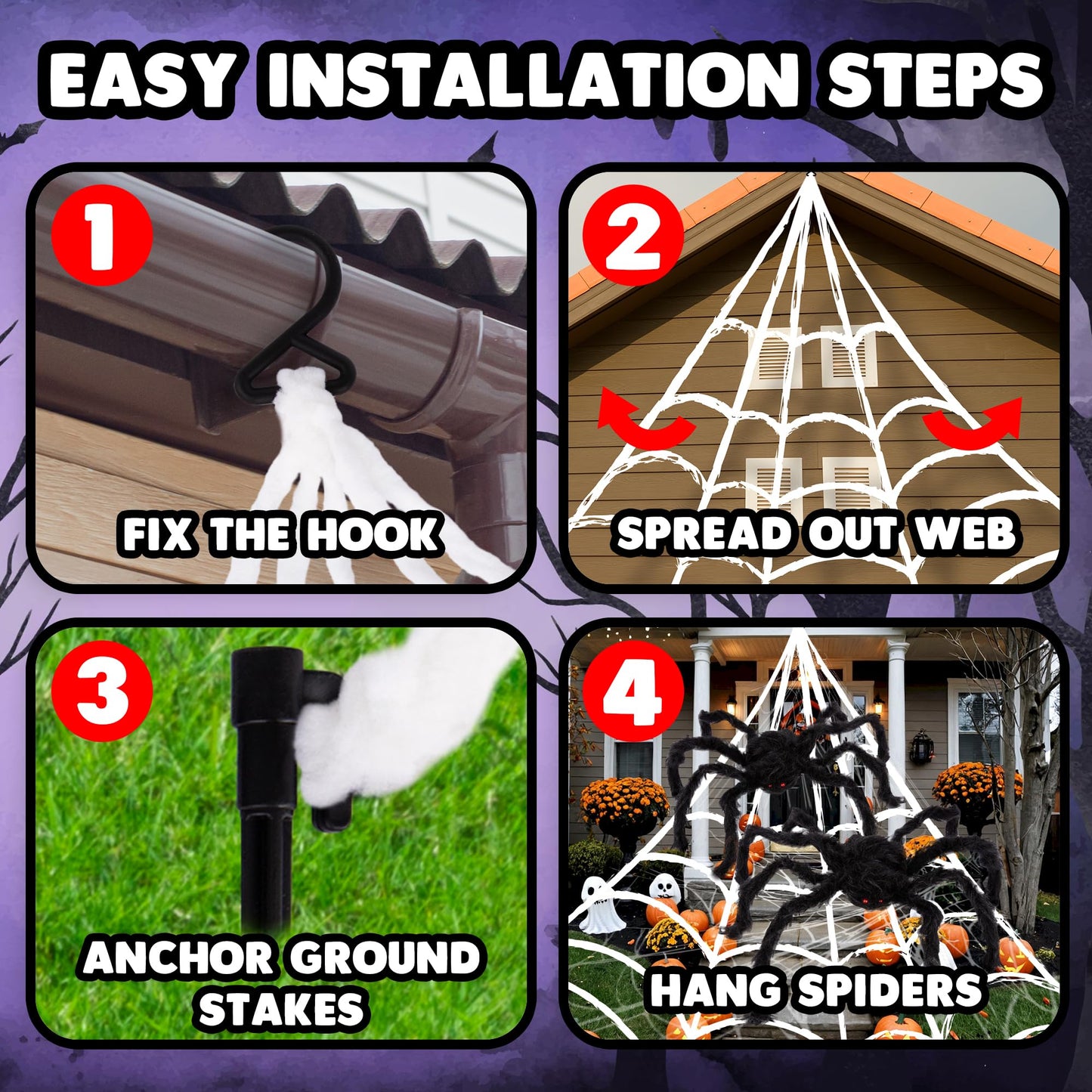 ArtCreativity Giant Spider Halloween Decorations, Includes Two 24" Spiders and a 16.4' Spider Web, Outdoor Spider Web Decoration with 2 Giant Spiders, Outdoor Halloween Decorations for Haunted House
