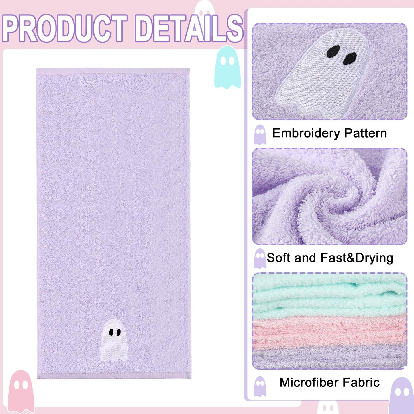Remagr 3 Pcs Pastel Ghost Halloween Hand Towels Embroidered Pink Green Purple Ghost Halloween Spooky Cotton Hand Bath Towels for Bathroom Kitchen Decor Gift, 29.5" x 13.8"