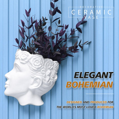 Yuccasly Side-Face Ceramic Planter – Glossy White, Wall-Hanging, with Drainage – 6.7"" Artistic Female Face Vase