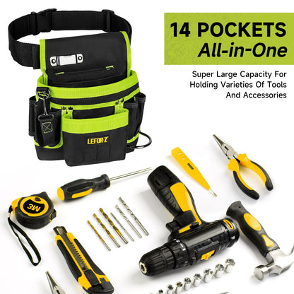 Tool Belt,Magnetic Tool Pouch,14-Pockets Tool Belts for Men,Detachable & Adjustable Tool Pouch belt for Electrician,Carpenter,Construction,Work Apron,Utility Belt,Black-Green