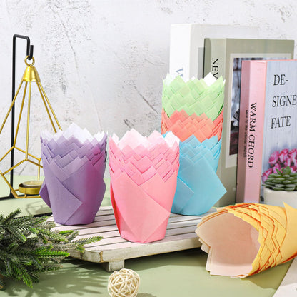 FYSUIMU 180Pcs Pastel Tulip Cupcake Liners Colorful Muffin Baking Cups Pink Blue Purple Yellow Orange Green Cupcake Wrappers for Spring Easter Holiday Party Supplies