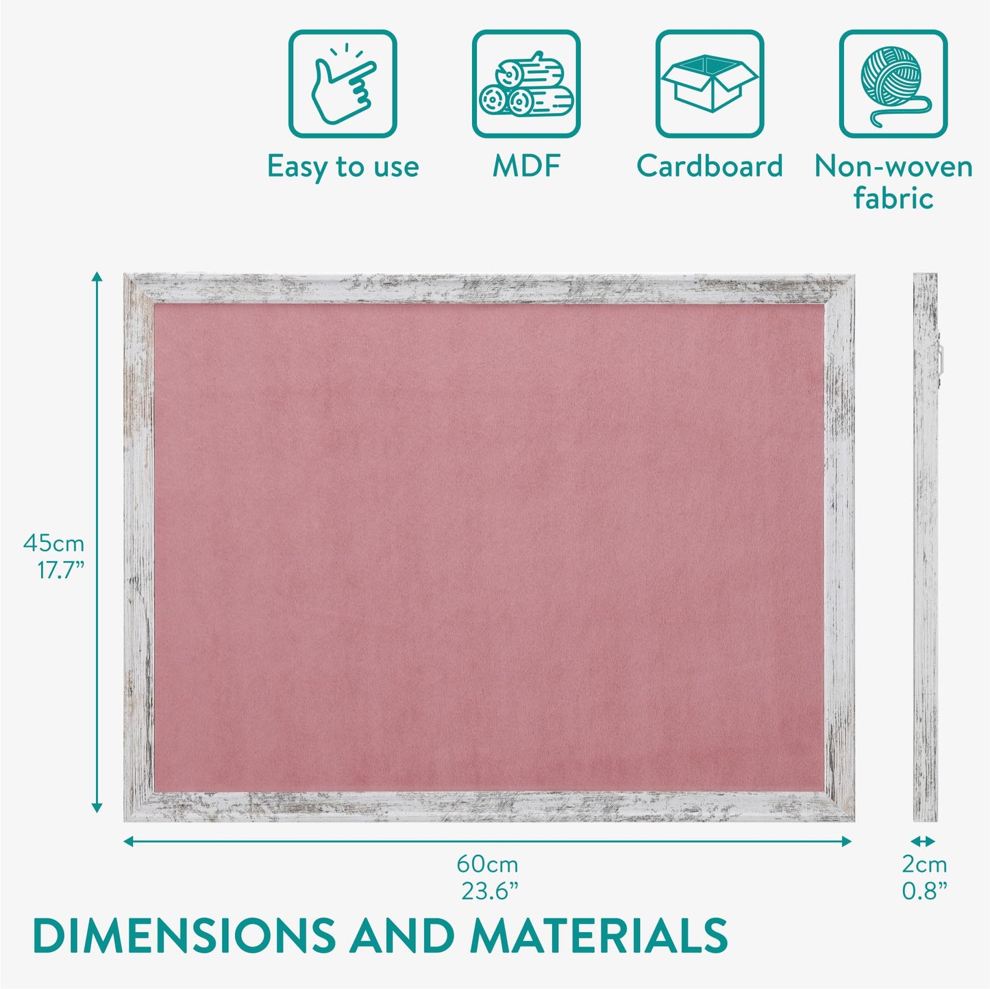 Navaris Framed Fabric Bulletin Board - 18 x 24 inches Plush Jewelry Organizer Pinboard for Wall - Memory Pin Board - Pink with White Rustic Frame