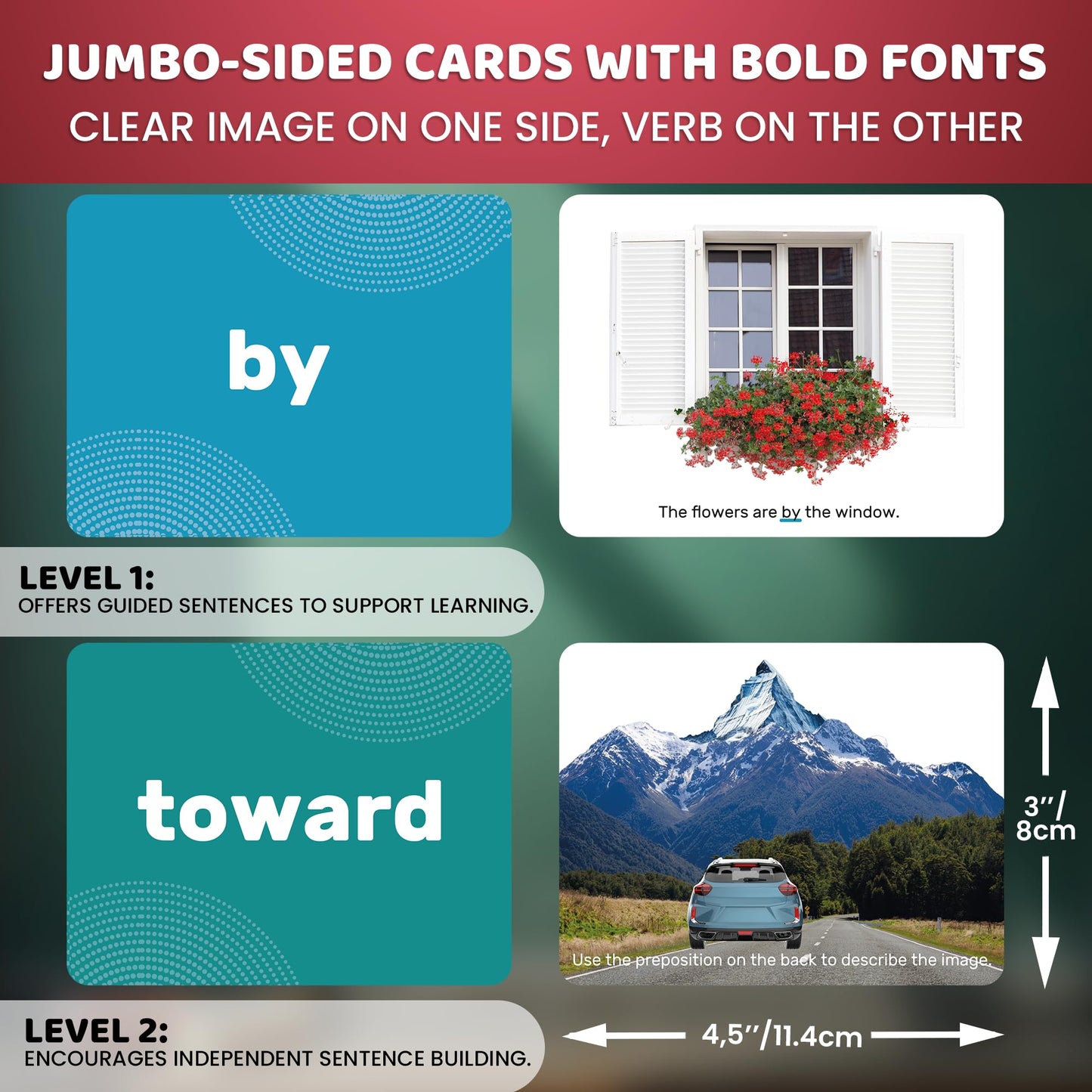 QUOKKA 104 Prepositions Flash Cards with Realistic Images for Pre-K Kindergarten - Perfect for Teachers, Parents, Speech Development Activities - Words&Sentences Vocabulary Builder for Kids Adults