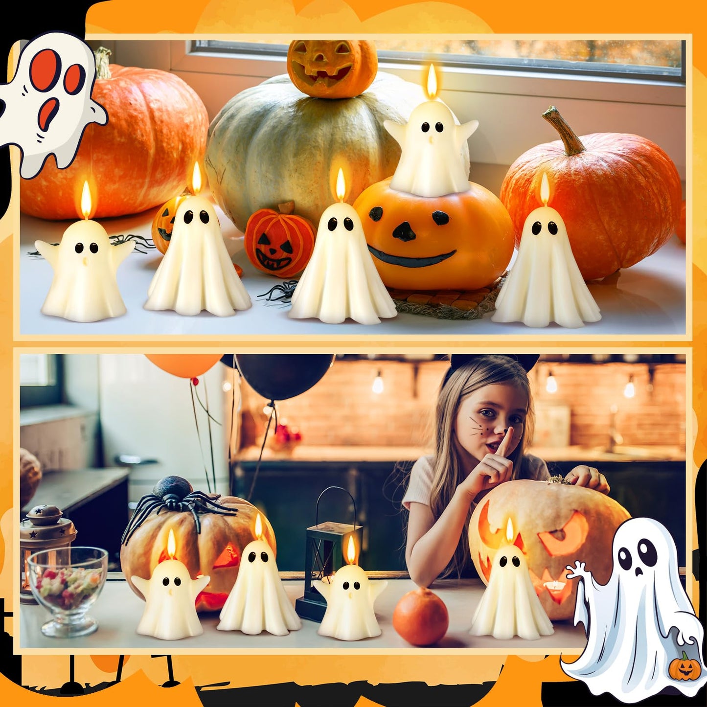 Conelist 6 Pieces Halloween Large Ghost Candles White Spooky Scented Halloween Candles Horror Gifts Candle Tea Lights Goth Room Decor for Summer Dining Table Party Bedroom(Cute Style,White)