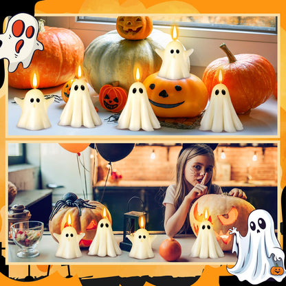 Conelist 6 Pieces Halloween Large Ghost Candles White Spooky Scented Halloween Candles Horror Gifts Candle Tea Lights Goth Room Decor for Summer Dining Table Party Bedroom(Cute Style,White)