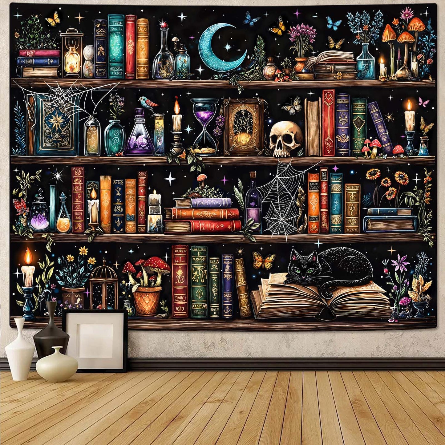 Motanber Witchy Bookshelf Tapestry Magic Gothic Witch Library Tapestries Wall Hanging Vintage Mushroom Skull Black Cat Dark Academia Book Large Tapestry for Bedroom Living Room Dorm 80 x 60 inch