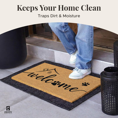 AMARU DOOR MATS - Natural Coir Door Mat, Minimal Shedding, Heavy Duty Non-Slip Welcome Mat for Front Door, Outside Entrance, Porch & Entryway (17x29, Welcome Paws)