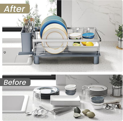 SNTD Dish Drying Rack - Small Dish Rack for Kitchen Counter, Stainless Steel Dish Drainer with Utensil Holder and Drainboard, 11" W x 15" L (Silver)