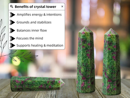 Amazing Gemstone Ruby Fuchsite Crystal Towers - Natural Healing Crystal Point Obelisk for Reiki Healing and Crystal Grid (3" to 4" INCH)