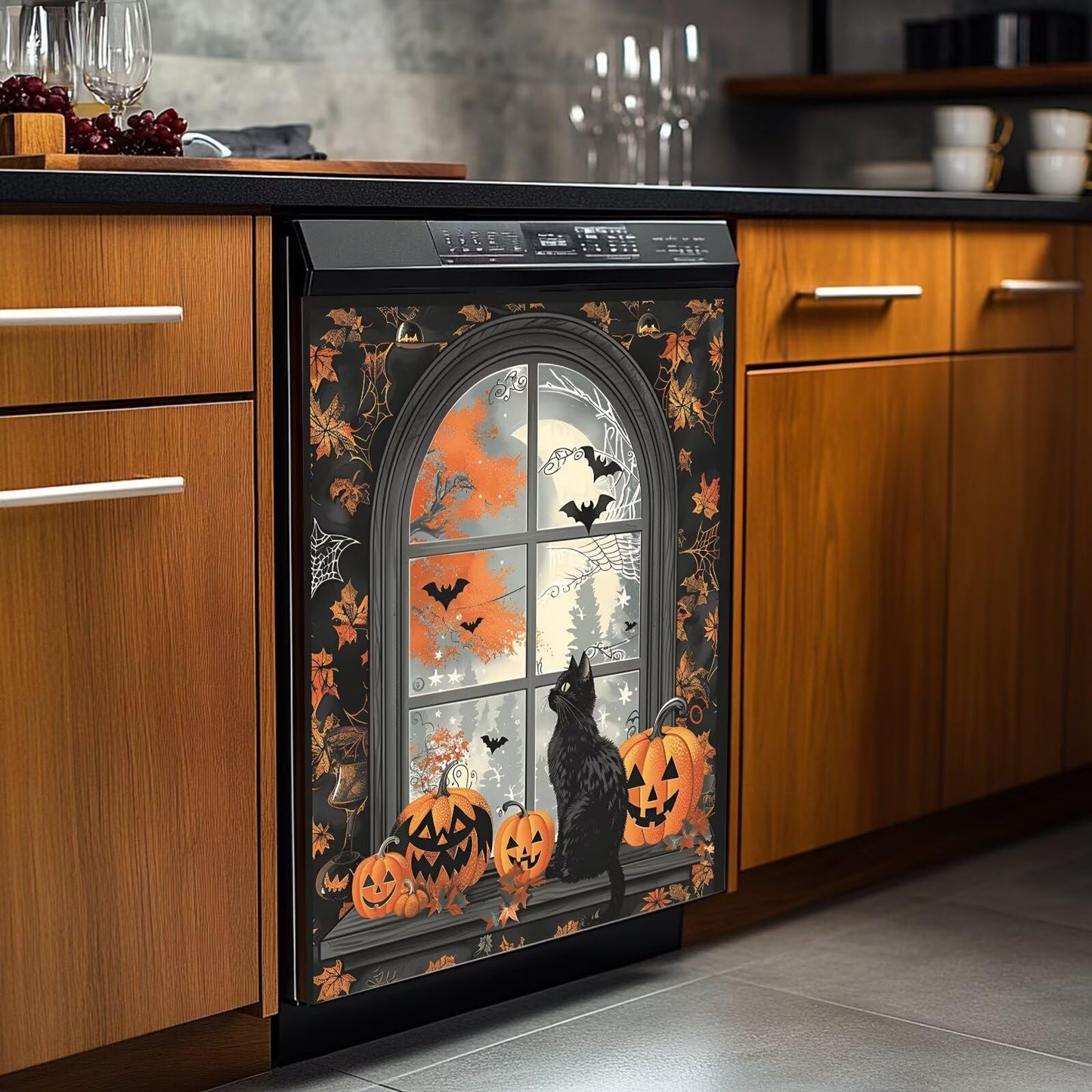 Generic Halloween Dishwasher Magnet Cover, Fall Pumpkins Black Cat Bats Kitchen Decor Refrigerator Magnetic Panel Decals, Autumn Maple Leaves Stickers Home Appliances Holiday Decoration 23x26