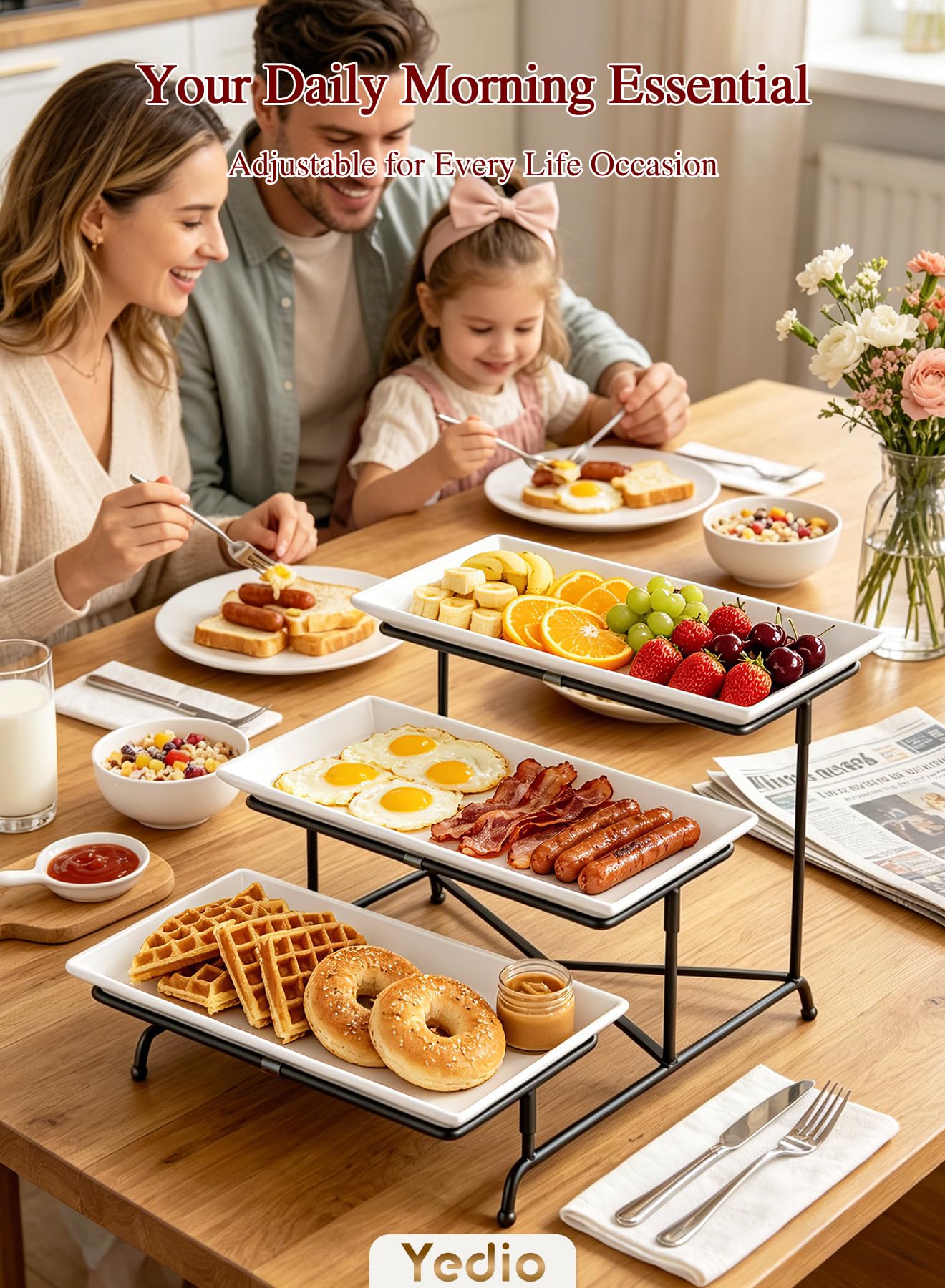 Yedio 3 Tier Serving Trays for Party, Porcelain Serving Platters and Trays, 12 Inch Tiered Tray Stand, Fruit Tray, Trays for Serving Food, White Dessert Stand with Collapsible Sturdier Metal Rack