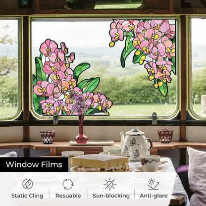 ADD.HERES Window Stickers, Stained Glass Window Privacy Film, UV Blocking Static Cling for Home Kitchen Office Bathroom, Phalaenopsis, 17.7" X 31.5"