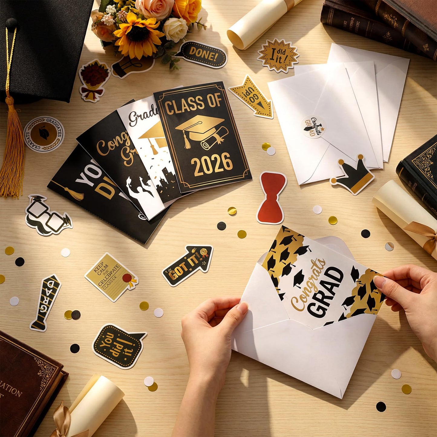 Nuanchu Graduation Bulletin Boards Decorations Set, DIY Poster Photo Board Kit with Black Felt Panels, 2026 Graduation Cards & Envelopes, Sticker Set, Push Pins, Cardstock Decor for Party Classroom