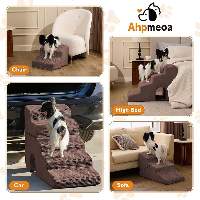 Dog Stairs for Bed 23’’ H, 5-Step Dog Steps for High Bed, Foldable Pet Stairs for Small Dogs and Cats to Get on Beds, Couch, Non-Slip Balanced Pet Steps and Ramp with Waterproof Cover, Brown