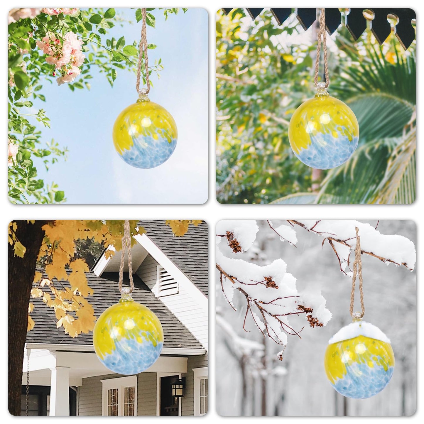 VCUTEKA Hanging Garden Gazing Ball, Hand-Blown Glass Witch Ball for Outdoor Garden Décor, 6" Blue Yellow Swirl