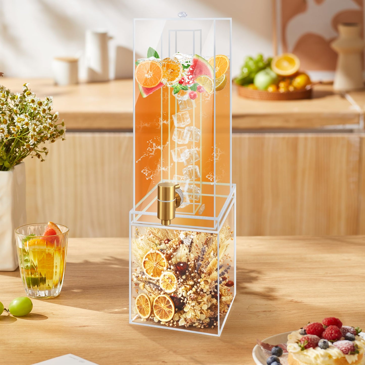 2 Gallon Large Drink Dispenser, Drink Dispenser with Acrylic Stand, Drink Dispensers for Parties with Ice Core, Beverage Dispenser with Airtight Valve for Water, Punch, Juice