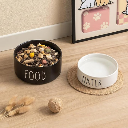 Ceramic Dog Bowls Set of 2 - Weighted Dog Dishes with Food & Water Lettering for Cats and Small Dogs, Food Grade Pet Bowl, Dishwasher & Microwave Safe (5.1 inch, 2 * 16oz, White)