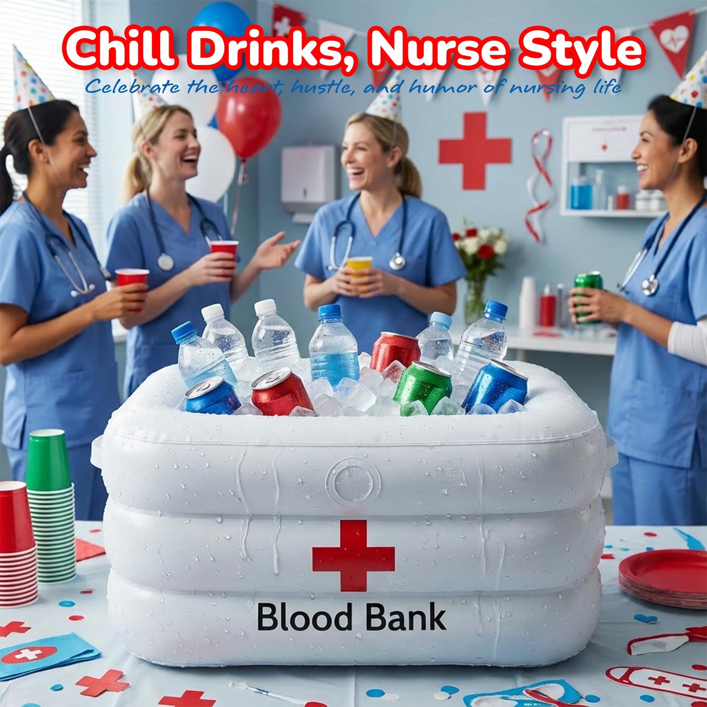 ArtCreativity Inflatable Cooler, Nurse Week and Graduation Party Decorations, Hospital-Themed Drink and Snack Holder, Halloween Decor, 23" x 11" x 16.5", White