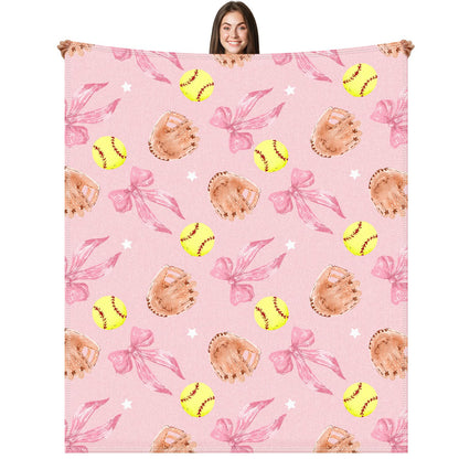 Hillsuren Pink Softball Coquette Bow Blanket 50 x 60 Softball Sports Throw Blanket Bow Stuff Team Gifts for Ball Lovers Players Home Decor Halloween Christmas Thanksgiving Gift