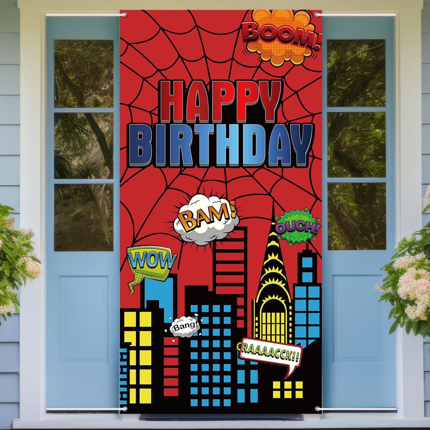 Red Spider Web Door Banner, 6x3ft Superhero Party Decoration Door Cover for Boys Birthday, Kids Party Supplies, Photography Photo Background