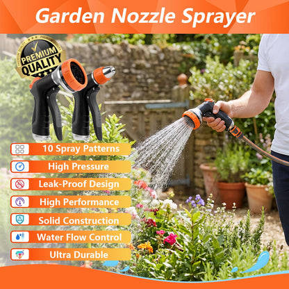 HOOFUN 2 Pack Garden Hose Nozzle: High Pressure Water Hose Sprayer with 10 & 2 Spray Patterns - Lightweight & Rust-Proof Handheld Spray Gun (Black)