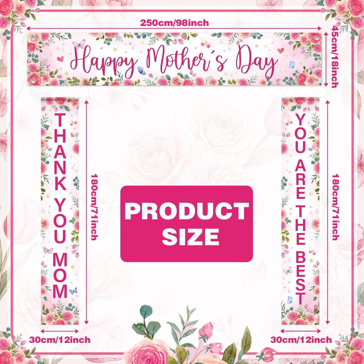Fanfanwin 3 Pcs Pink Happy Mother's Day Banner Set Thank You Mom Front Door Banner Rose Floral Mother Decor You Are The Best Mama Party Supplies Decorations for Women Mama Wife Hanging Home Decor