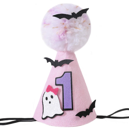 Agkvw Halloween Pink Ghost 1st Birthday Hat with Bats - Spooky One Birthday Crown, Cute Halloween 1st Bday Decoration for Girls, My FirstHalloween Bday Decor