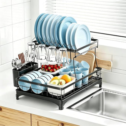 Simple Trending Dish Rack, Stainless Steel Dish Drying Rack for Kitchen Counter, Large Capacity 2-Tier Dish Drainer Organizer with Utensil Holder, Black