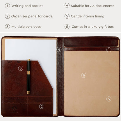 Time Resistance Leather Portfolio – Tablet size Leather Document Case – Small Briefcase Made in Italy (Brown)