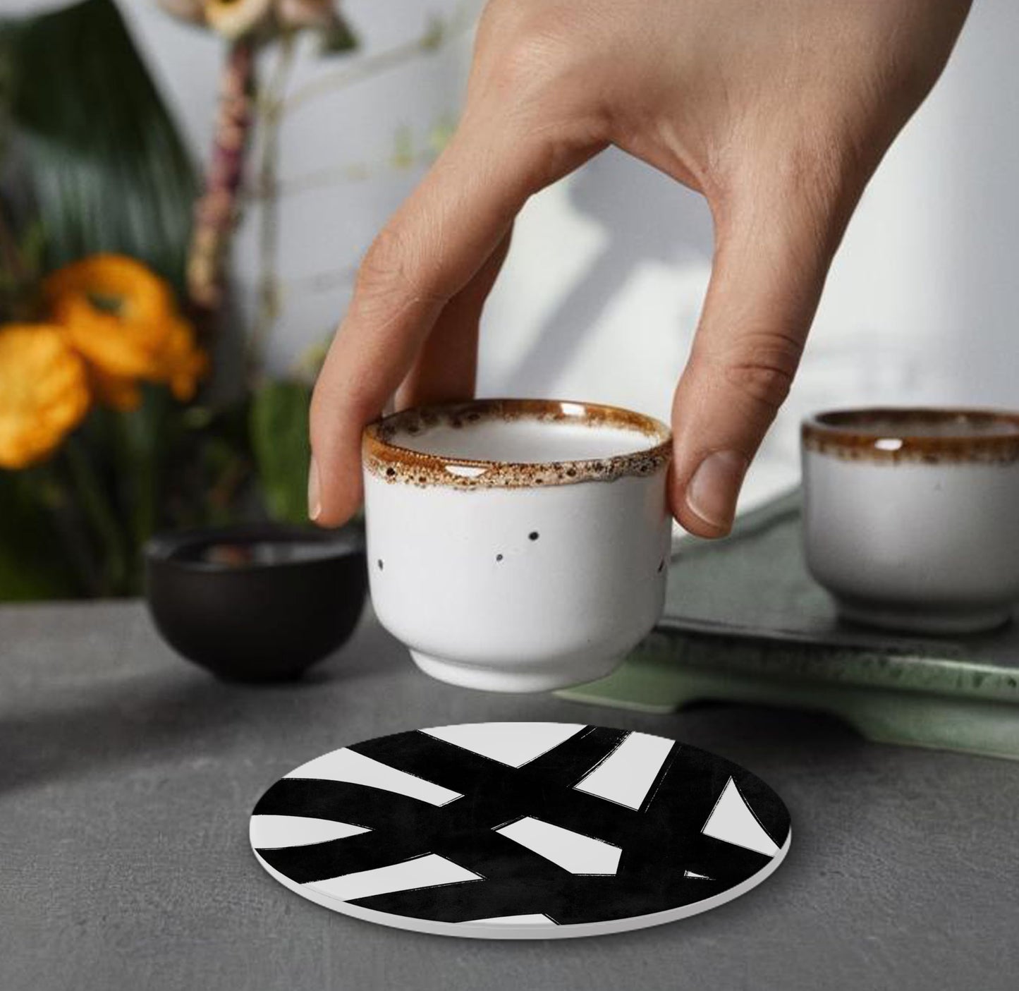 Black and White Coasters Set of 4, Modern Abstract Geometrical Black and White Ceramic Car Drink Coaster Cup Mat with Cork Back for Table Desk Decor