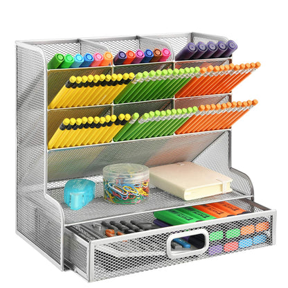 Marbrasse Larger Mesh Desk Organizer with Drawer, Multi-Functional Pen Pencil Holder, Desk Organizers and Accessories for Office Art Supplies (Silver Mesh Pen Holder with Drawer)