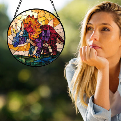 JOSUMALY Stained Glass Window Hanging - Triceratops Abstract Dinosaur Suncatcher for Door Terrace Garden Home Decor, Orange Red Sun Catcher Birthday Gifts for Lovers Women Men Dad Mom Nana 7.8 in