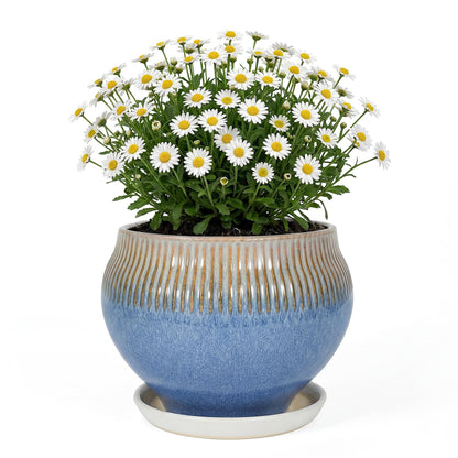 SAFIOROIS 8.3 Inch Modern Ceramic Plant Pot with Drainage Hole and Mesh Net, Indoor Outdoor Planter with Saucer & Gardening Glove, Pots for Succulents, Flowers, Large Plants, Blue