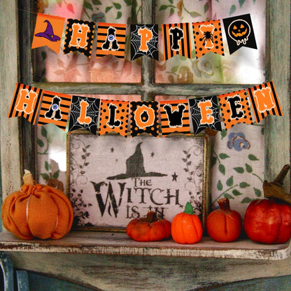 rogeramz Happy Halloween Banner Hanging Fireplace Halloween Banner Black Orange Spider web theme Home Decor Party Decoration