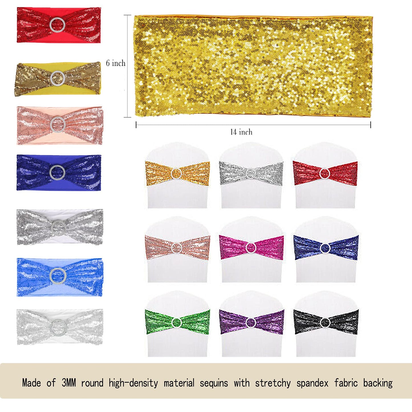 Dimatic 25 PCS Stretch Sequin Chair Sashes Chair Stretchy Spandex Bands for Wedding Reception Events Banquets Chairs Decoration (Navy)