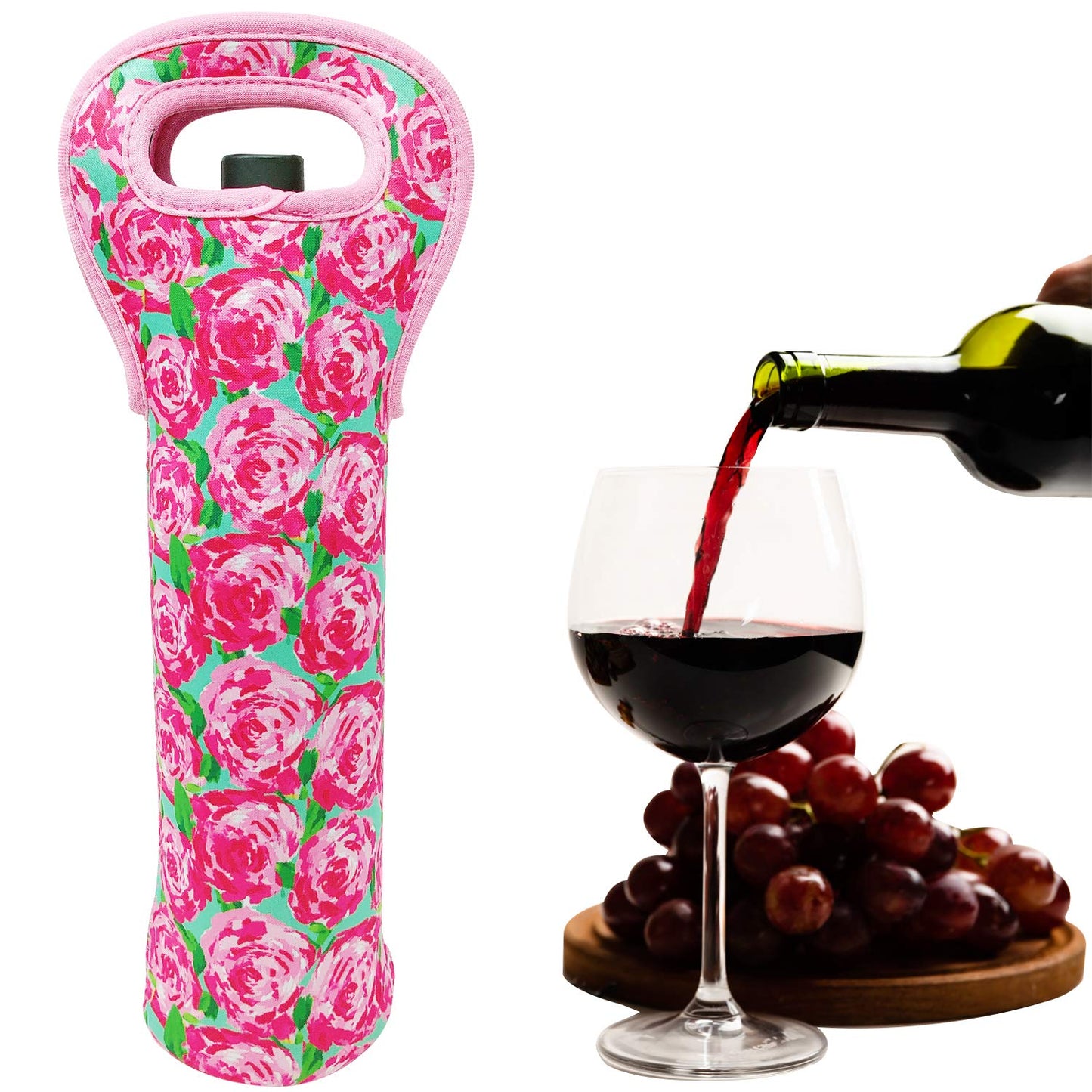 allydrew Insulated Neoprene Wine Tote, One Bottle, Pink Roses