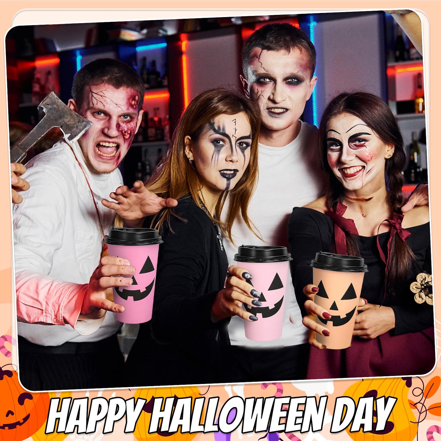 Whaline Halloween Disposable Coffee Cups Ghost Pumpkin Paper Cups with Lids 16 Oz for Holiday Birthday Party Home Office Travel Supplies Hot Cold Drinks, 48 Pcs