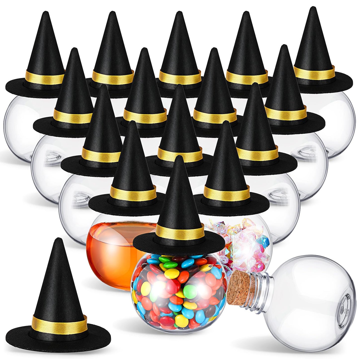 Baderke 12 Pcs 13.5 oz Spherical Plastic Potion Bottles with Hat Ball Shape Round Bottles for Drink Candy Jar Halloween Table Decoration DIY Crafts Gifts(Black)