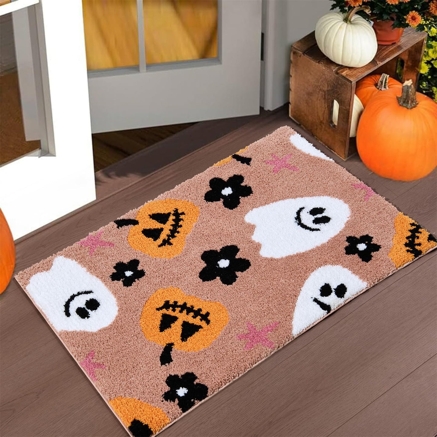 Aldopein Cute Halloween Indoor Bath Mat Non Slip 2x3 Entryway Rugs Washable, Boho Floral Pumpkins Ghost Fall Halloween Throw Area Rugs for Girls Bathroom Kitchen Bedroom Spooky Aesthetic Decor