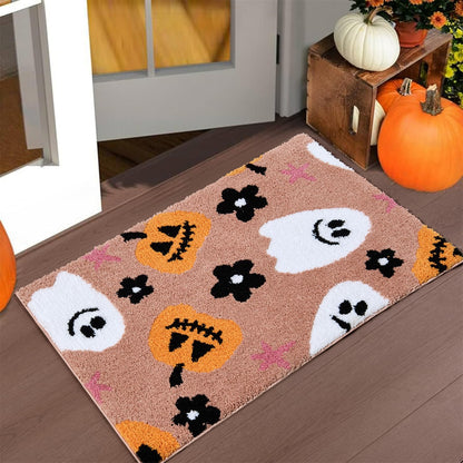 Aldopein Cute Halloween Indoor Bath Mat Non Slip 2x3 Entryway Rugs Washable, Boho Floral Pumpkins Ghost Fall Halloween Throw Area Rugs for Girls Bathroom Kitchen Bedroom Spooky Aesthetic Decor