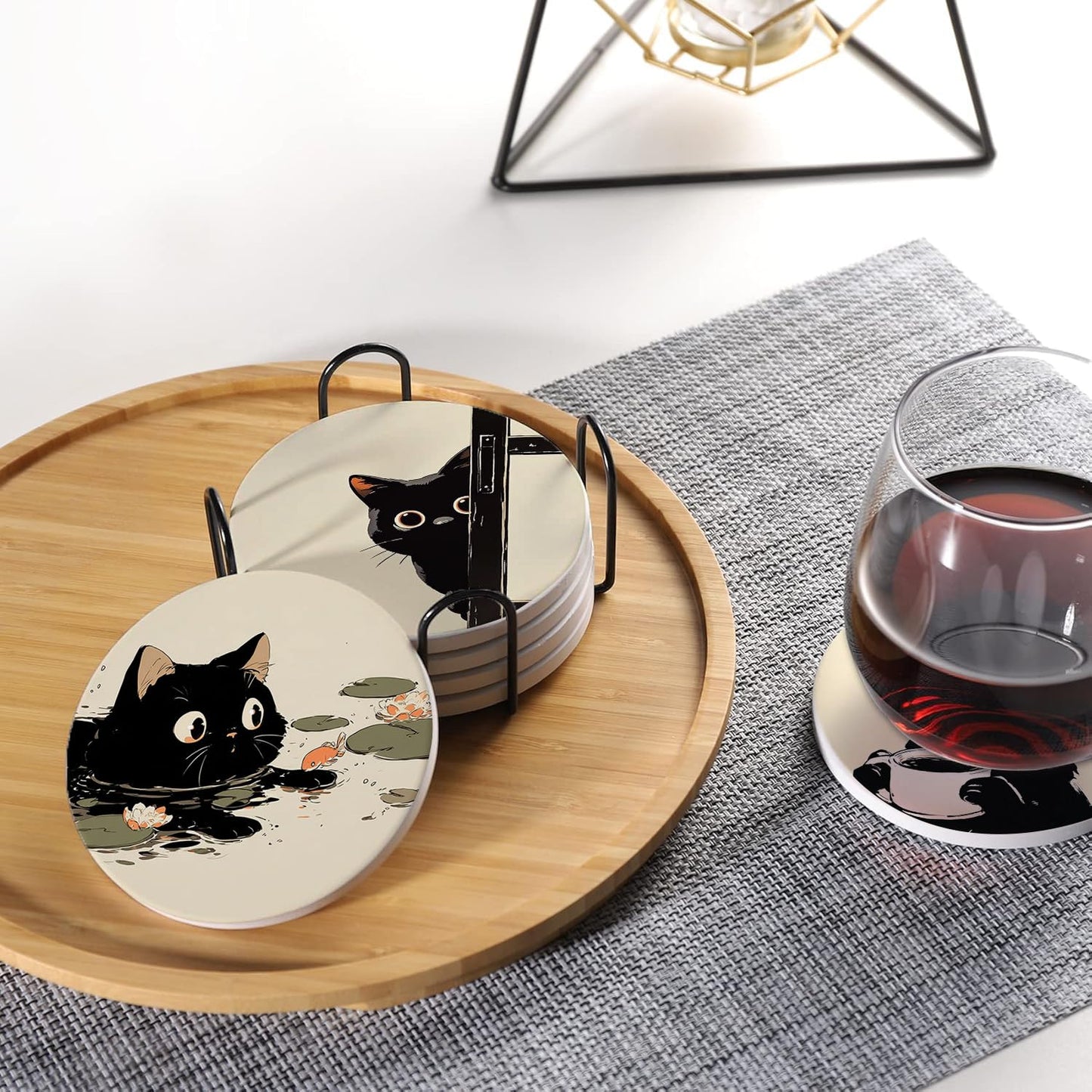 Aowced Drink Absorbent Coasters with Holder Set of 6, Ceramic Stone with Cork Base, Cute Black Cat Design Coaster for Drinks, Gift for Housewarming Room Bar Home Decor Kitchen