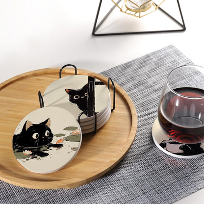 Aowced Drink Absorbent Coasters with Holder Set of 6, Ceramic Stone with Cork Base, Cute Black Cat Design Coaster for Drinks, Gift for Housewarming Room Bar Home Decor Kitchen
