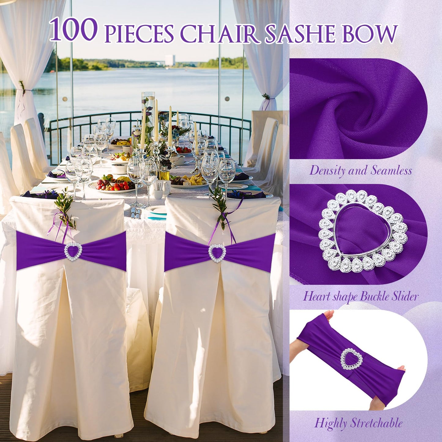 VitalCozy 100 Pcs Spandex Chair Sashes with Heart Shaped Buckle Slider Stretch Chair Cover Band Universal Elastic Ties for Wedding Banquet Event Party Decoration(Purple)