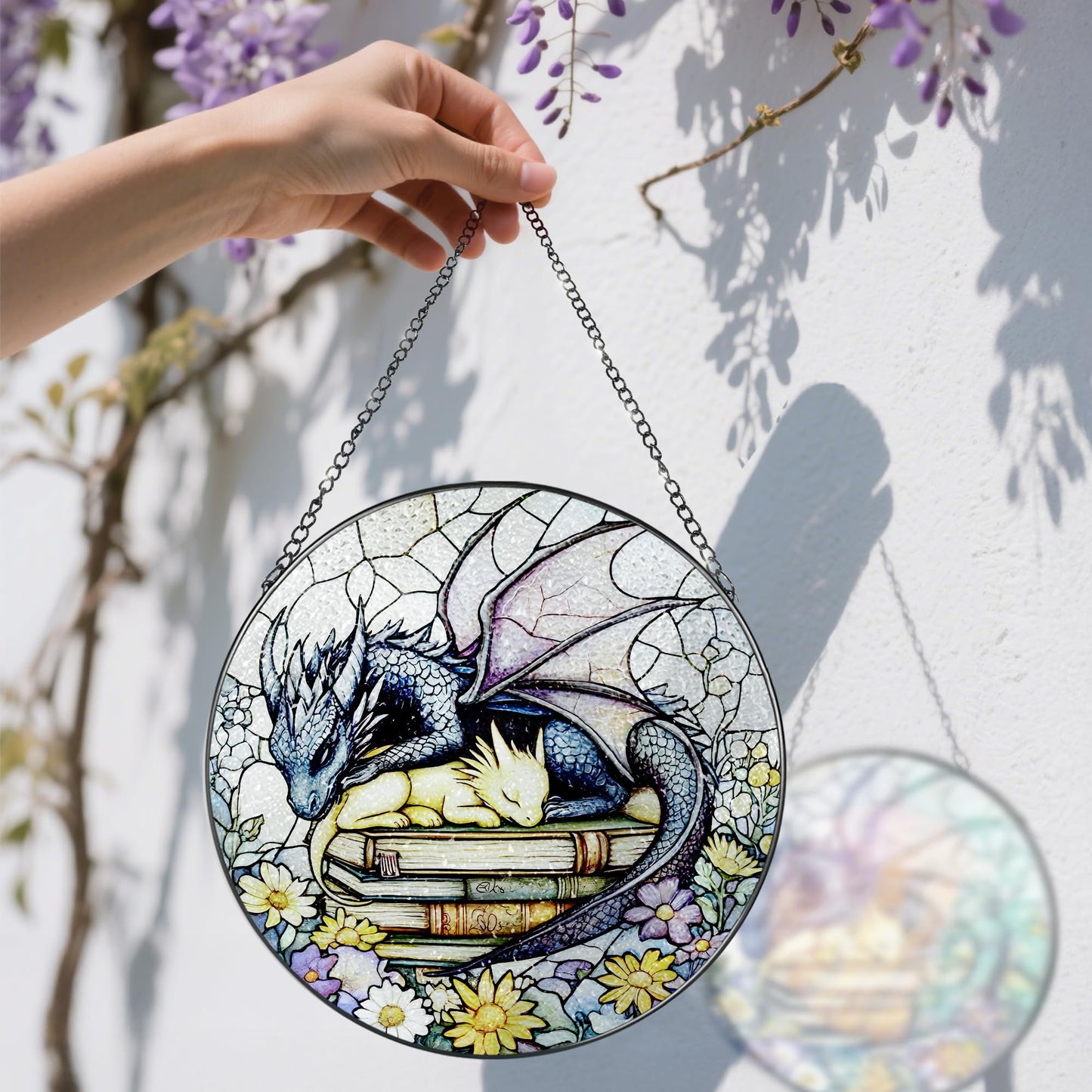 Stained Glass Window Hanging, 8 Inch Dragon Stained Glass Suncatcher, Dragon Decor, Home Decor for Windows, Book Lover Gift, Gifts for Book Lovers, Gifts for Bookworm on Birthday Christmas