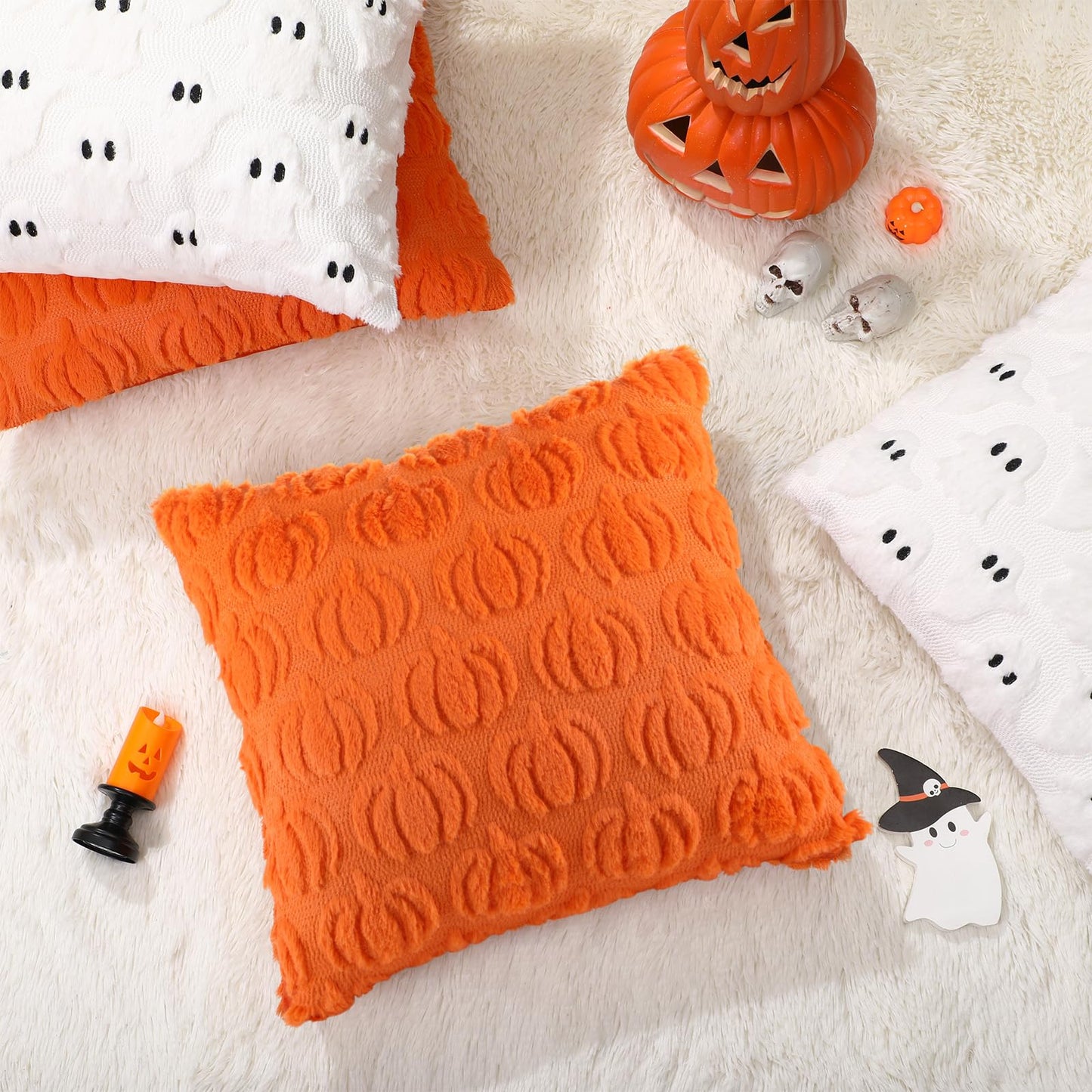 Tegeme 4 Pcs Halloween Pillow Covers 18x18 Inch White Ghost Throw Pumpkin Fall Decorative Fluffy Plush Accent Pillow Cases for Chair Sofa Bedroom Living Room Home Decor