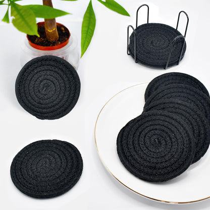 ABenkle 8 Pcs Drink Coasters with Holder, Cotton Woven Absorbent Coasters for Drinks, Minimalist Home Decor Coaster Set for Wooden Tabletop Protection Table, 4.3 inches
