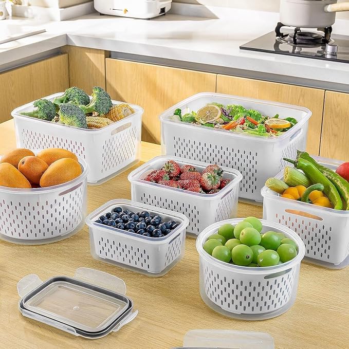 4 PCS Fruit Storage Containers for Fridge, Leakproof Produce Containers for Fridge with Removable Colander, Microwave/Dishwasher Safe Fruit Washing Bowl Keep Fruits, Vegetables, Berry Fresh longer