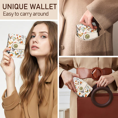 Kelvoris Roosters Chicken Small Rfid Women Wallet Bifold Zipper Coin Pocket PU Leather Compact Cash Credit Card Holder Travel Wallet for Female Ladies Teen Girls 1 ID Window 10 Card Slots